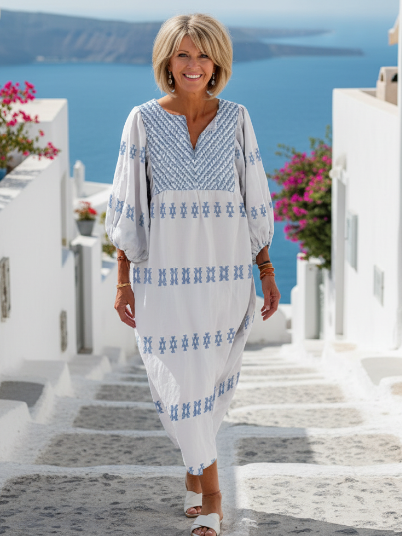 Marguerite | Vestido Maxi Bordado con Manga Larga y Escote en V